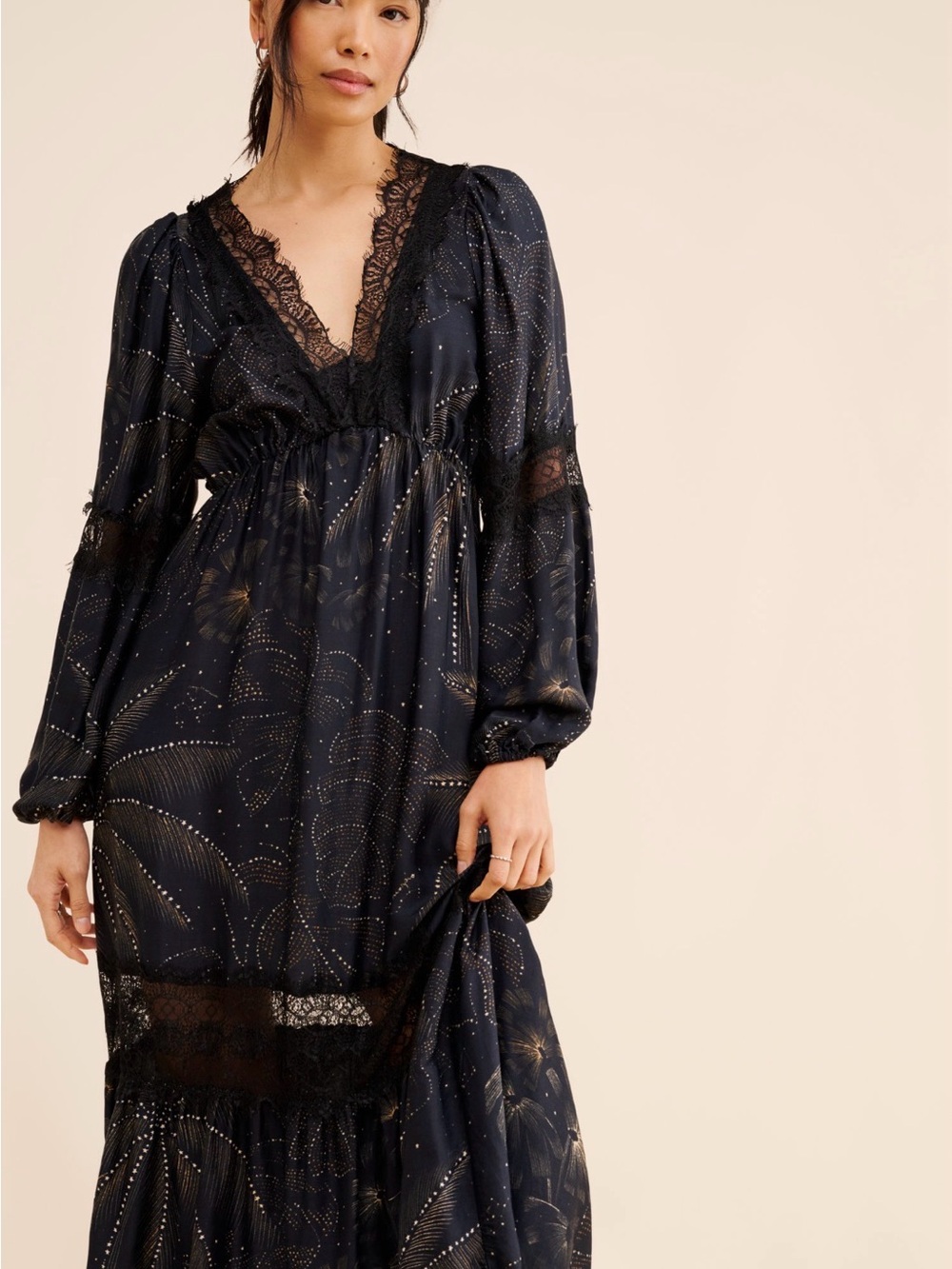 Title: FARM Rio for Anthropologie Navy Floral Lace Maxi Dress Size L

Descriptio
